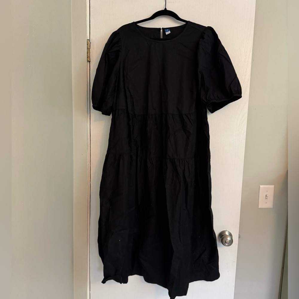 Old Navy Black Midi Dress with Puff Sleeves